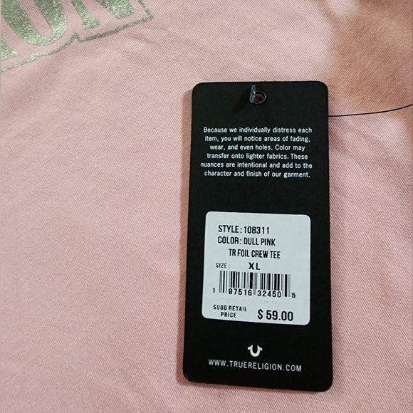 NWT True Religion Foil Crew tee XL- dull pink - Picture 6 of 7